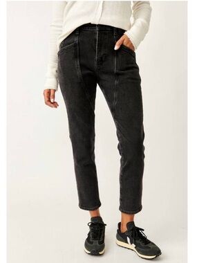 We The Free Beacon Mid Rise Slim Crop Washed Black Jeans Utility Pockets Moto